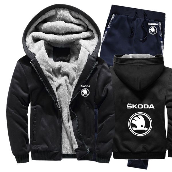 

hoodies men skoda car logo mens hoodies suit winter thicken warm fleece cotton zipper tracksuit mens jacket+pants 2pcs sets, Gray