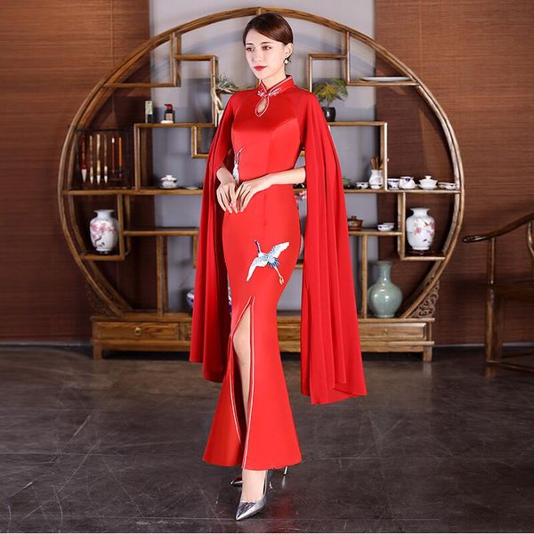 Chinesischen stil frauen Sexy Abendkleider langarm Qipao Rot Blau dame vestido Offenen Schlitz Moderne Party Kleider orientalischen kleid