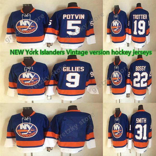 

new york islanders ccm vintage version jerseys 31 smith 5 potvin 16 lafontaine 19 trottier 9 gillies lace-up hockey jersey, Black;red