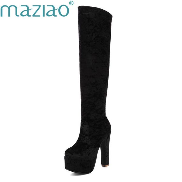 

maziao fashion velvet women autumn winter party nightclub ladies shoes extreme high heels round toe platform knee high boots, Black