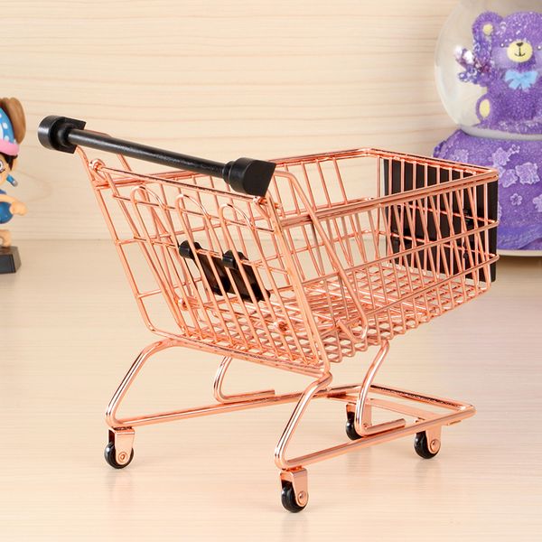 

creative mini shopping cart storage box small object storage basket wrought iron metal supermarket trolley storage basket