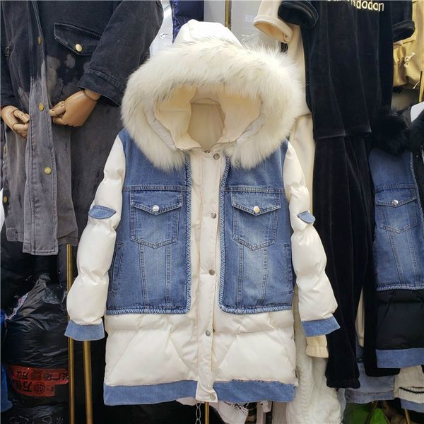 

natural fur parka women 2019 new winter korean hooded fur metal button denim stitch warm down padded winter jacket coat, Black