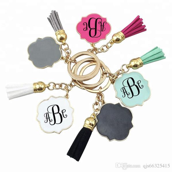 

personalized monogram enamel magnolia quatrefoil blank velvet leather tassel bag pendant car key chains for mother day gift, Slivery;golden