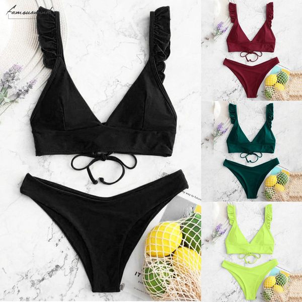 

swimsuit women swimwear high cut v neck ruffle bandage bikini set monokini beach wear bathing polyester suits maillot de bain femme, White;black