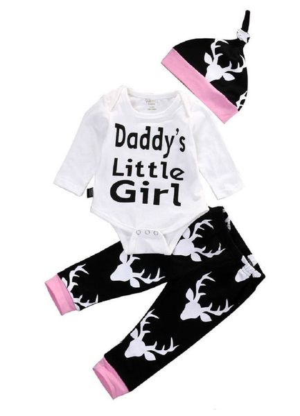 Venda Meninas roupas de menina para criança conjunto de roupas crianças macacão terno de manga longa pijamas 3pcs Daddy's Little Girl Prints Rompers Legging calça