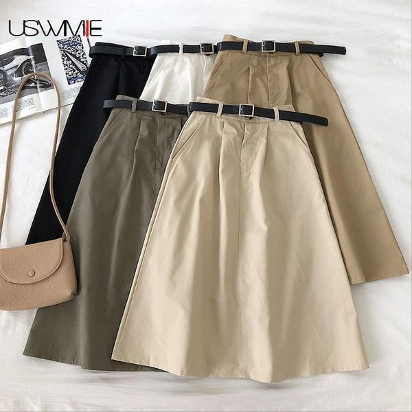 

summer skirts womens fashion art leisure basic solid color fresh high waist with belt comfort plus size skirt, Black