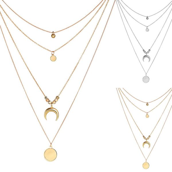 

women crescent moon bell round pendant multi layer chain necklace jewelry gift, Silver