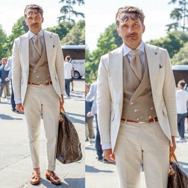 Smoking da uomo in lino beige avorio da spiaggia, abiti da sposo, con risvolto, un bottone, taglie forti, blazer da ballo (giacca + pantaloni)