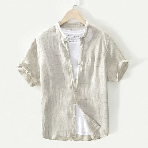 

men's casual shirts natural linen men, comfortable breathable, pure linen, 2021 trend, mens slim fit short sleeves plaid, White;black