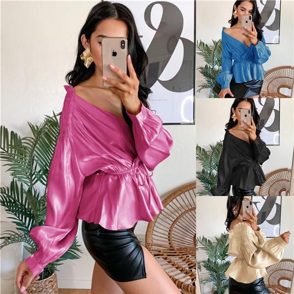 

новый стиль женщины дизайнер рубашки мода повседневная сексуальная сладкий сплошной цвет фонарь рукав deepk v образным вырезом без бретелек, White