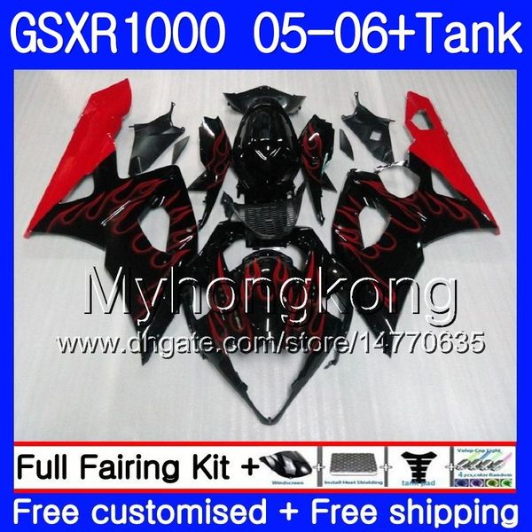 Kit + Tank für SUZUKI GSXR-1000 1000CC GSXR 1000 05 06 Gehäuse 300HM.6 GSX-R1000 1000 CC GSX R1000 K5 Rote Flammenoberseite GSXR1000 2005 2006 Verkleidung