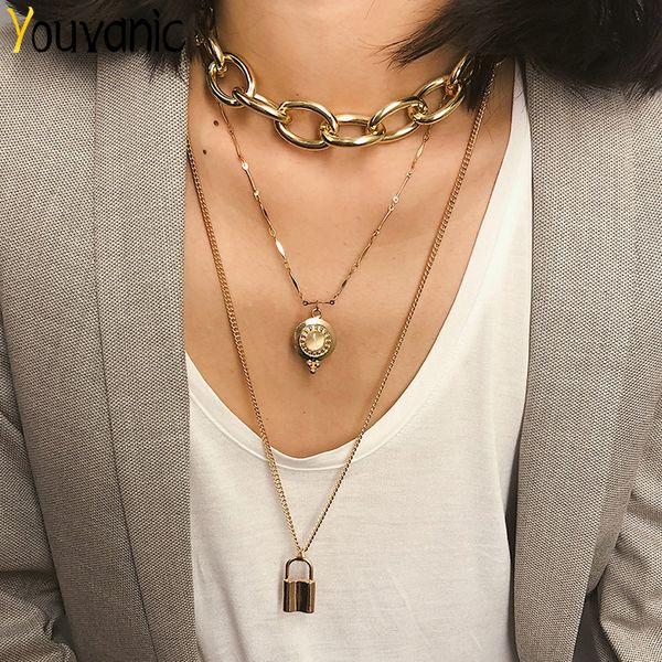 

youvanic gold layered punk lock crystal roud pendant necklace women hip hop thick chain choker statement necklace jewelry 2284, Silver