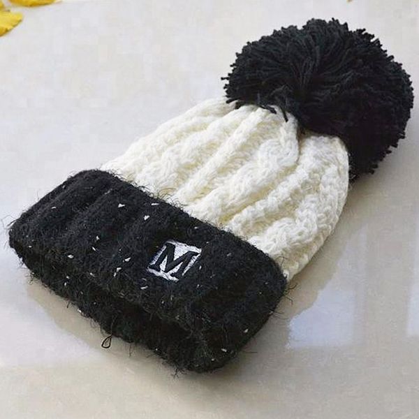 

2020 winter child kids two tone colour knitted warm cap with pom pom balls