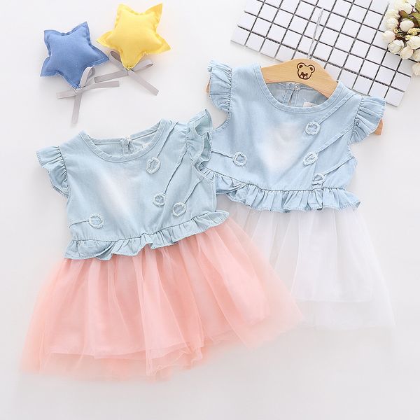 

2019 new infant kid children baby girls dresses clothes sleeve tulle dress splice hole denim princess dress girl costume, Red;yellow