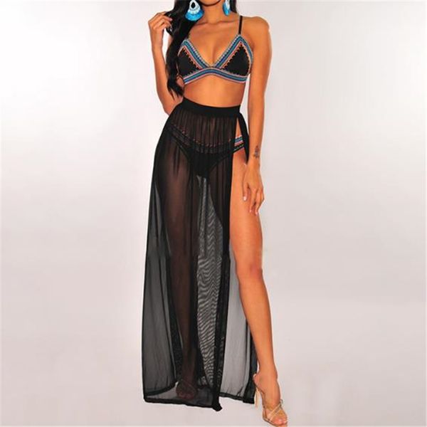 

women swimwear bikini cover up long skirt sheer beach wear skirt sarong pareo bathing wrap see through high waist skirts