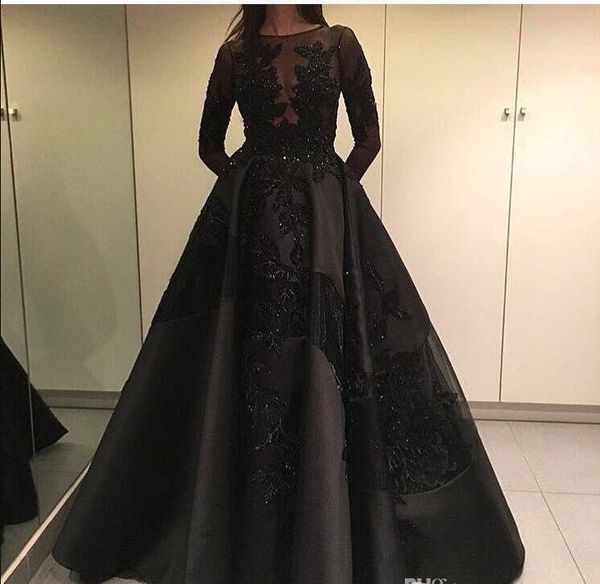 

saudi arabic long sleeve evening dresses beads long robe de soiree custom made formal prom gowns abendkleider, Black;red