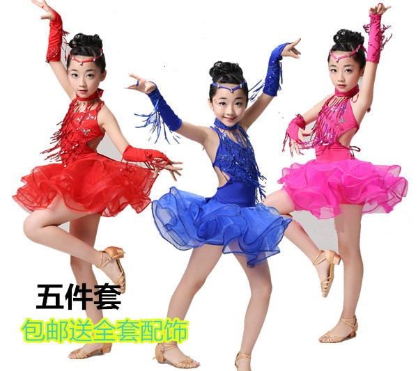 

girls rumba ballroom tango dresses performance dance costumes for kids red fringe latin salsa competition dresses, Black;red