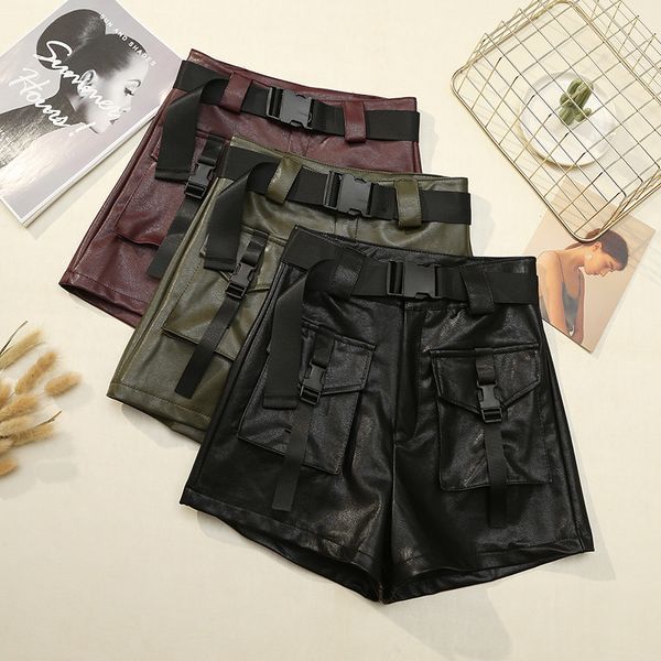 

2019 autumn winter fashion pu new women shorts high waist pockets casual cargo women short pants ins ladies short with belt wh62, White;black