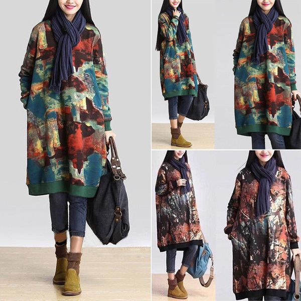 

brand casual women winter autumn plus size loose cotton vintage long sleeve one piece ladies dress scrawl print dresses, Black;gray