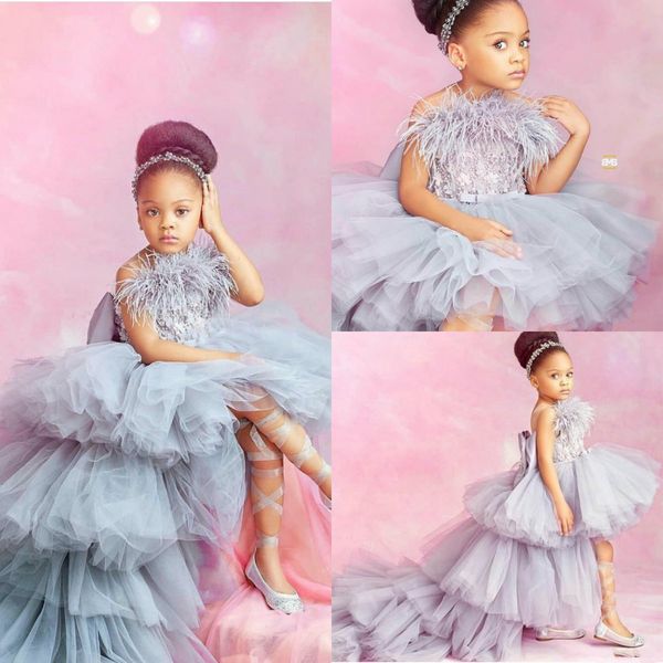 

2020 hi-lo girl dresses ball gown appliqued feather tiered beaded girl pageant gown tulle custom made first communion gown, White;blue