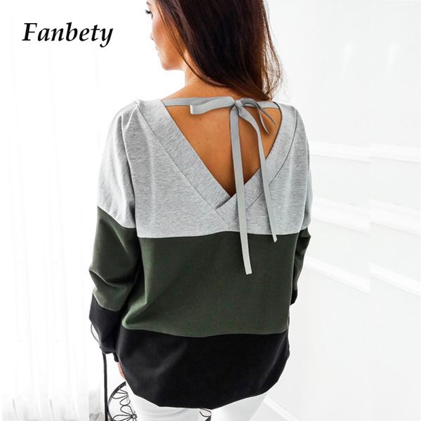 

backless bandage lace-up sweatshirts women autumn striped patchwork pullovers hoodies casual long sleeve tracksuit, Black