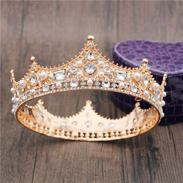 

2020 big metal gold colors crystal pearls wedding crown royal queen king diadem fashion tiaras and crowns bridal hair jewelry, Golden;white