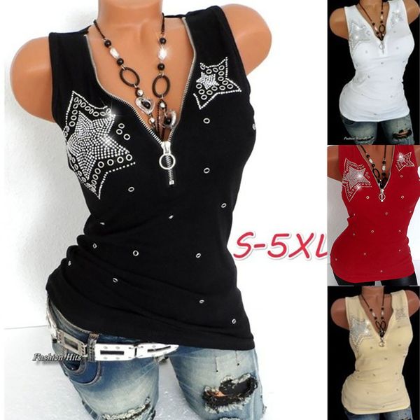 

women ladies drill zipper sleeveless vest tank blouse pullover shirt women's five-pointed star drilling sequin top, White