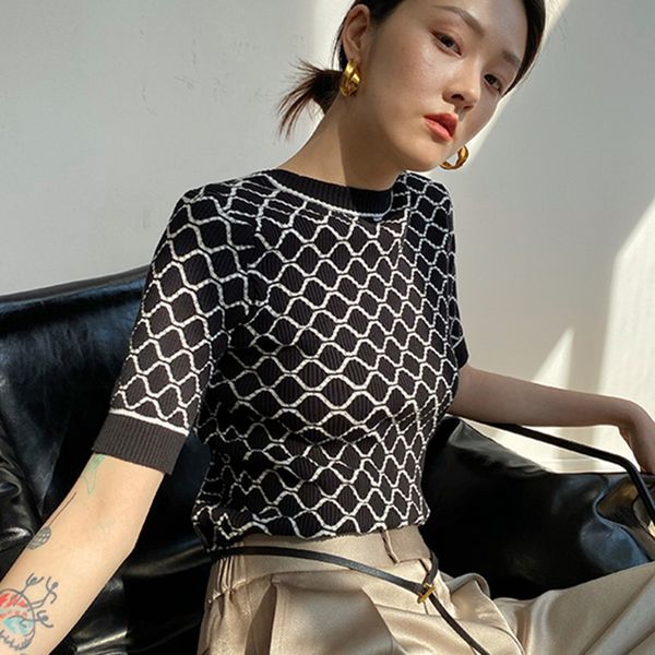 

u neck geometric france famous women blouses summer 2020new elastic cotton vintage knitted plaid shirt clothes, White