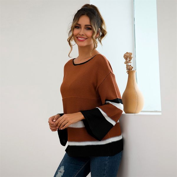 

feitong women pullover sweater plus size womens patchwork stripe long sleeve pullover blouse knit sweater top, White;black