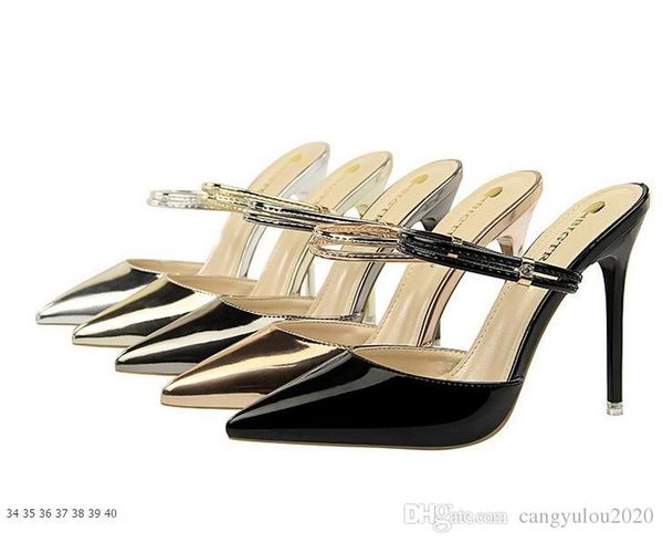 

5 colors fashion women metal thin high heels ladies pu shallow mouth cusp fine heel single shoes girl drill buckle slipper, Black