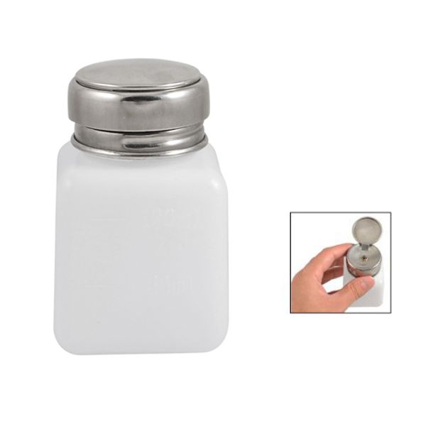

120ml white plastic graduated alcohol dispensing bottle w pump cap, Silver