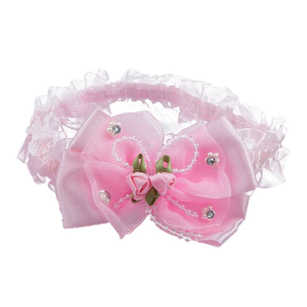 

baby infant girls lace headband hair bow w/ beads and roses - pink, Slivery;white