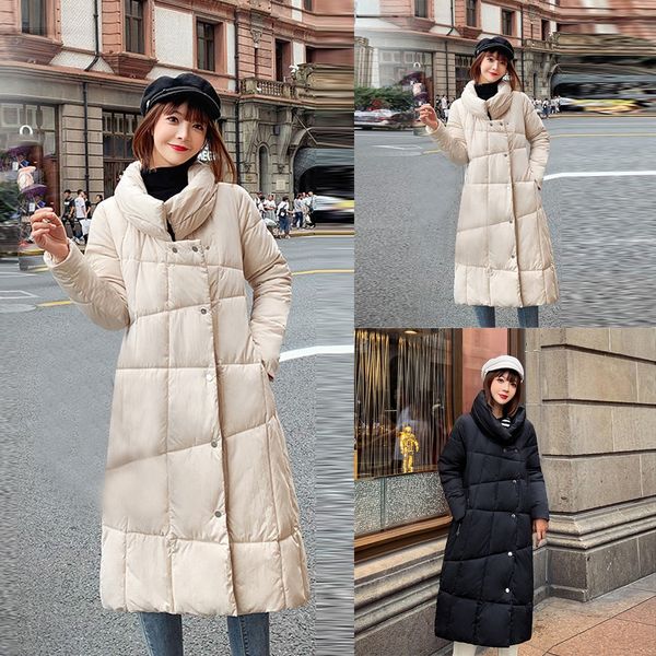 

winter loose long women's down parkas 2018 korea solid color thick warm pockets cotton jacket casual fashion student female, Black