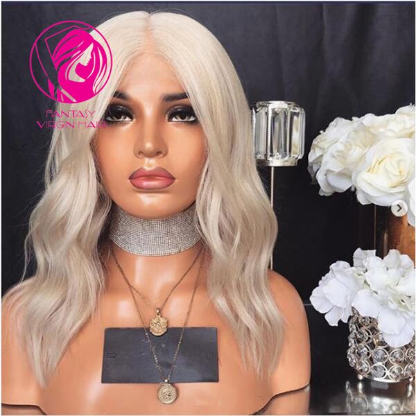 Fantasy Medium Length Platinum Blonde Lace Front Human Hair Wigs