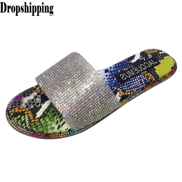 

sequins glitter slippers for women summer outdoor snake print flats open toe light shoe casual bohemian beach walk slipper #zb, Black