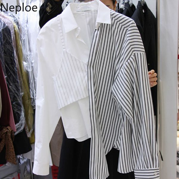 

neploe irregular pacthwork stripe shirts women fashion single breasted long sleeve ladies blouse casual loose female 1a372, White