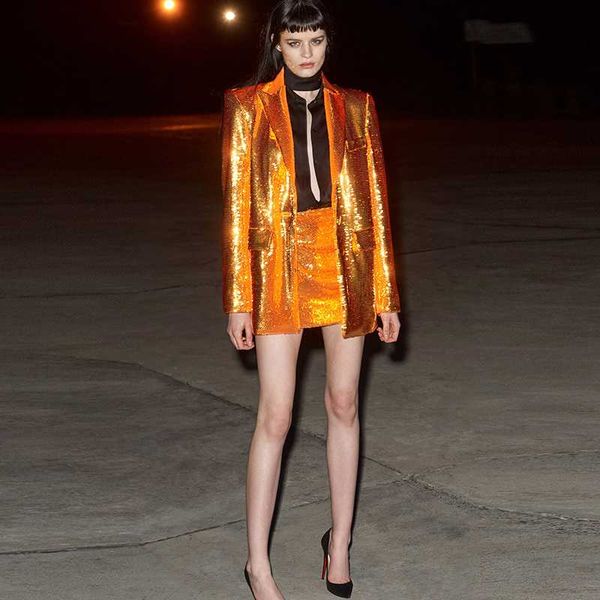 

high street 2020 designer blazer women's single button glitter sequined long blazer jacket, White;black