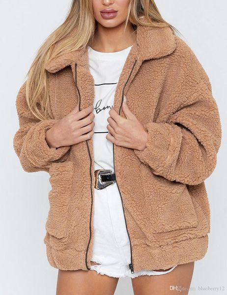 

winter women faux fur solid color jacket fluffy teddy bear fleece zipper pockets long sleeve furry coat casual street wear, Black