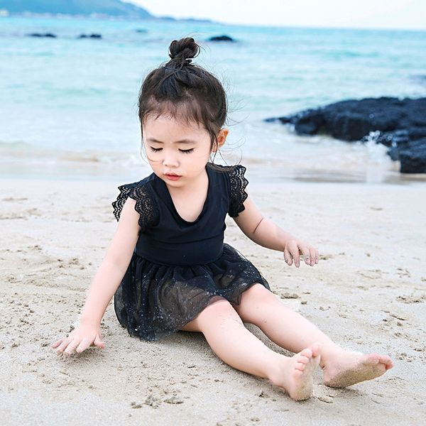 

children's lace girl's lace princess one-piece sunscreen quick-drying swimsuit baby's cute swimsuit, White;black
