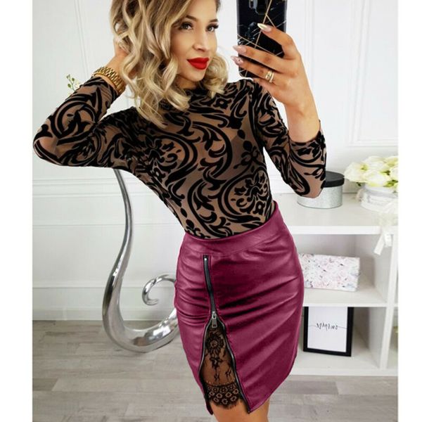

women lace split skirt mini skirt high waist pu leather pencil bodycon, Black