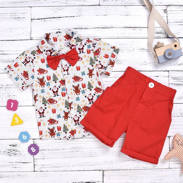 

2-6t 2pcs kids baby boy suit boys clothes wedding bowtie gentleman christmas t-shirt+shorts outfits set new year costume for boy, White