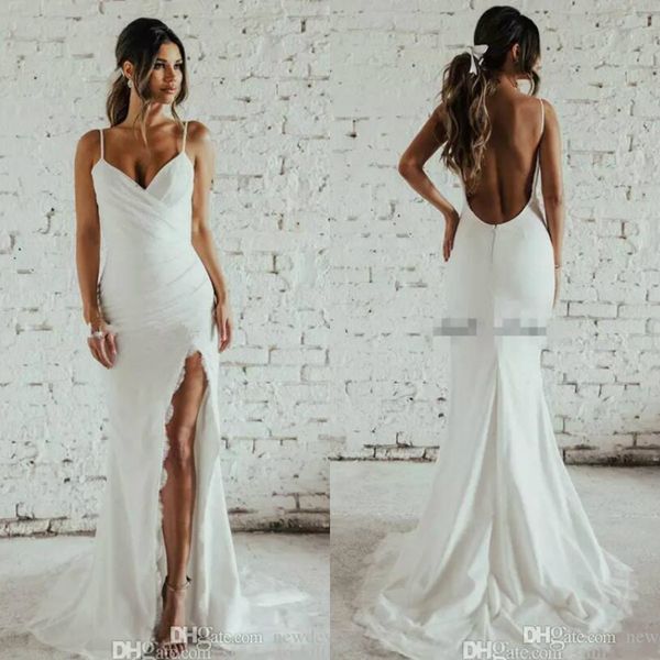 

katie may свадебные платья полное кружева спагетти high side split backless отдыха свадебные платья пляж платье русалка свадебное, White