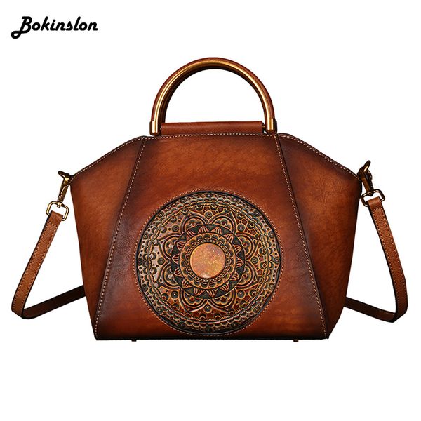

bokinslon handbag shoulder bag fashion women's embossed split leather cowhide retro brushed crossbody bag ladies