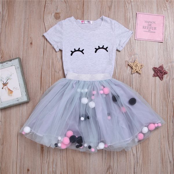 

summer girl kids clothes set closed-eye printed round collar short sleeve +tutu skirt 2 pieces sets kids designer clothes girls jy557, White