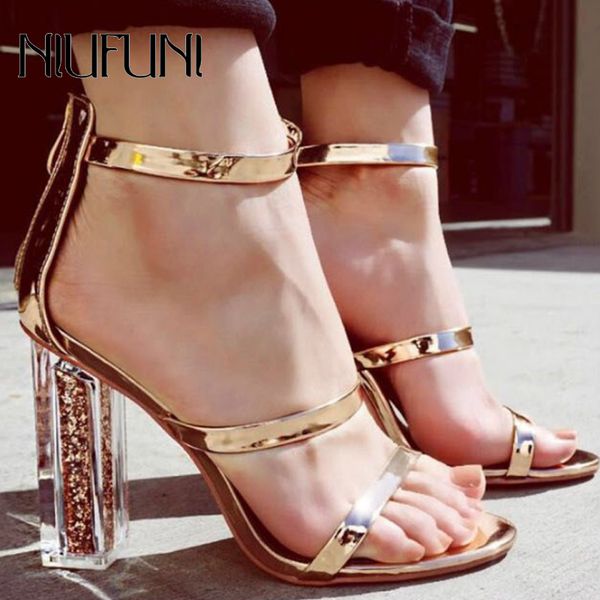 

niufuni women sandals high heels open toe crystal transparent sequined women shoes elegant thick heeled sandals gold shoes woman y200620, Black