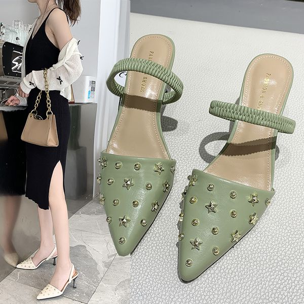 

shoes mules for women 2020 cover toe med woman's slippers slides thin heels rivet fashion new pointed high summer pu, Black
