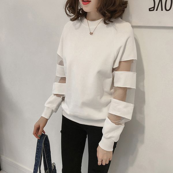 

fashion mesh patchwork blouse plus size casual winter ladies loose v-neck female women long sleeve shirt blusas pullover, White