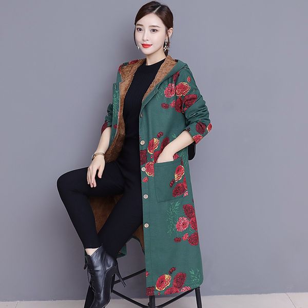 

2019 autumn and winter ethnic-style women's dress large size hooded cotton linen printed brushed and thick trench coat women's c, Blue;black