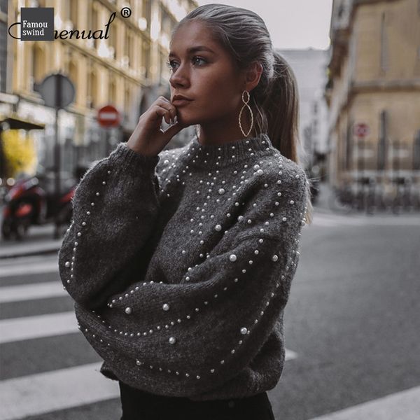 

autumn winter grey women sweaters and pullovers bead lantern sleeve knitted sweater pullover female slim jumpers, White;black