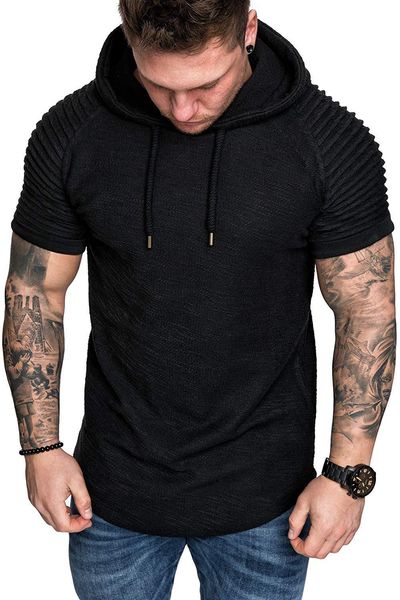 

summer fashion man's t-shirts casual cotton solid o-neck pleats slim fit raglan short sleeve hoodie t-shirt b216, White;black